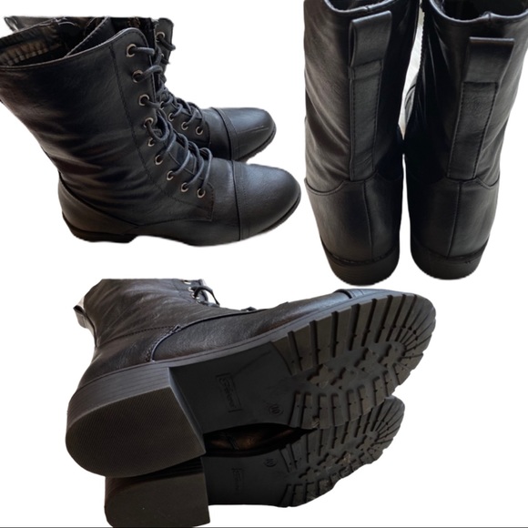 Black Military Combat Women's Boots Shoes Faux Leather - Picture 2 of 2